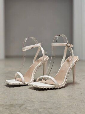 Rhinestone Embellished White High Heel Sandals With Ankle Strap & Square Toe Des